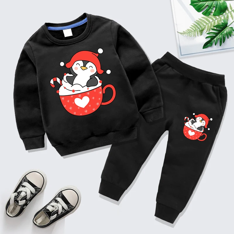 Children Clothing Sets Autumn Long Sleeve Christmas Penguin Sweatshirts and Cute Pants Cartoon Boys Hoodies Girls Trousers Suits