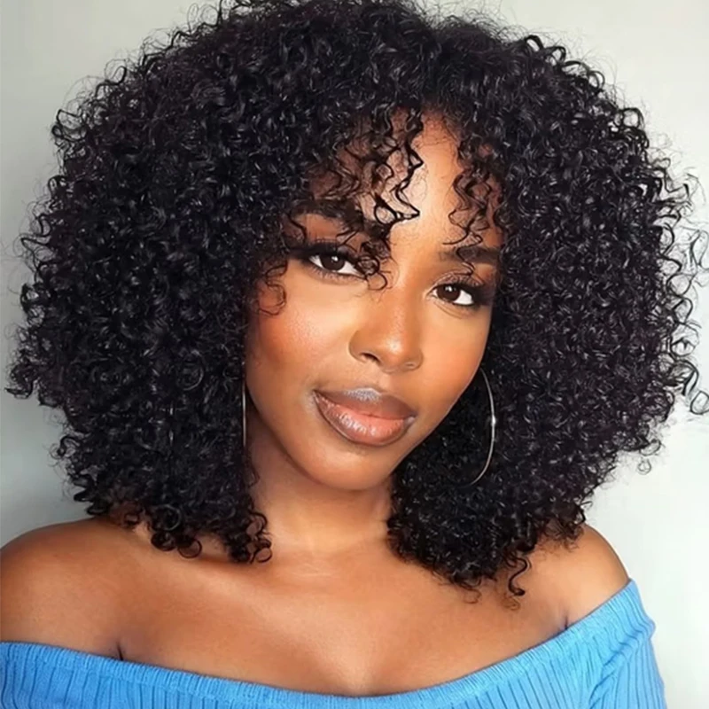 

Afro Curly Human Hair Wigs With Bangs 200% Density Glueless Short Bob Curly Human Hair Wigs For Women Bob Afro Fringe Wig