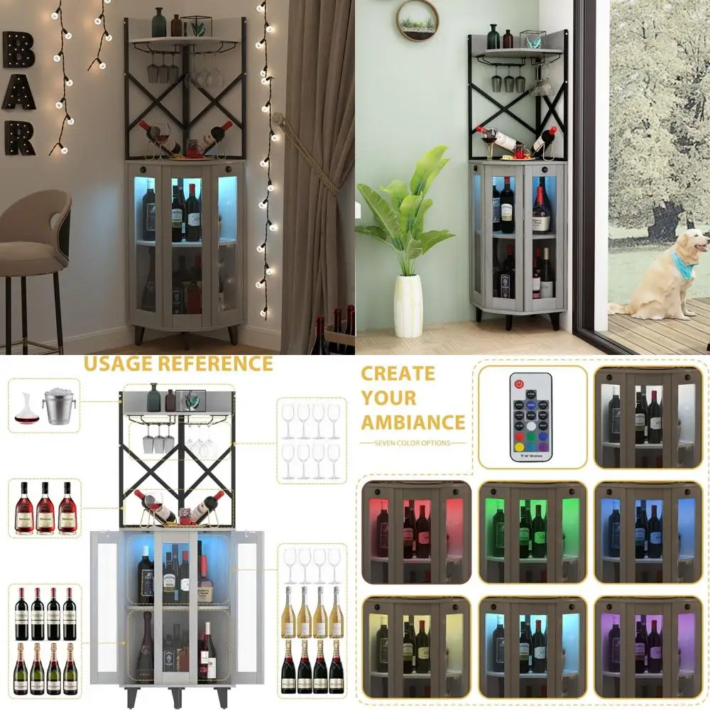 ตู้ไวน์มุมพร้อมบานกระจกแบบล็อคได้และไฟ LED, ชั้นวางเหล้า 4 ชั้น, บาร์บ้านสไตล์โมเดิร์นฟาร์มเฮาส์สำหรับห้องครัว/ห้องรับประทานอาหาร