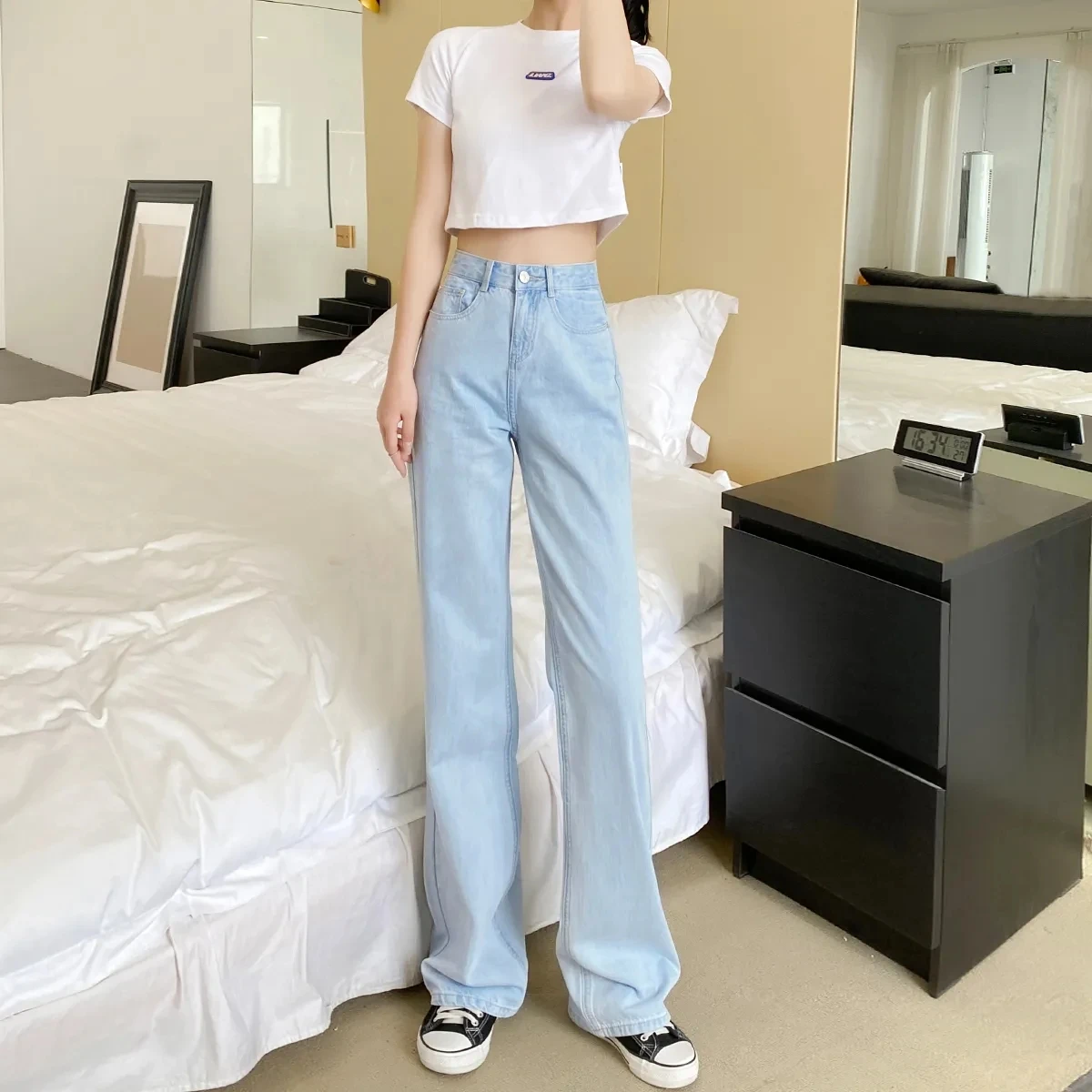 

Spring Women's Jeans Streetwear Chic Vintage Quality Harajuku Straight Pants Women High Waist Loose Female Denim Blue