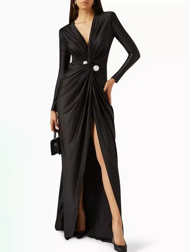 Onecozyday Solid Color Slim Fit Eveing Dress for Women Deep V-neck Long Sleeve Tied Waist Pleated Maxi Dress Ladies Party Gowns