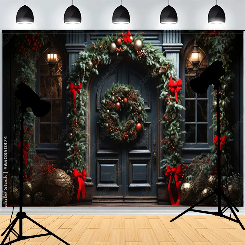 Christmas Day Wreach Snowflake Photography Backdrops Fireplace Winter New Years Cottage Living Room Decoration Background CC-02