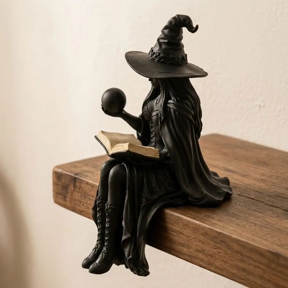 3D Printed Sitting Witch Figurine Vintage Gothic Spooky Halloween Witch Shelf Sitter Female with Book Ball
