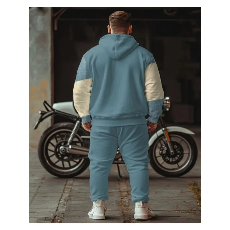 طقم سراويل بقلنسوة مطبوعة ثلاثية الأبعاد بأحرف دراجة نارية زرقاء عصرية للرجال من Street Fashion ملابس كاجوال يومية جماليات أزياء الشارع