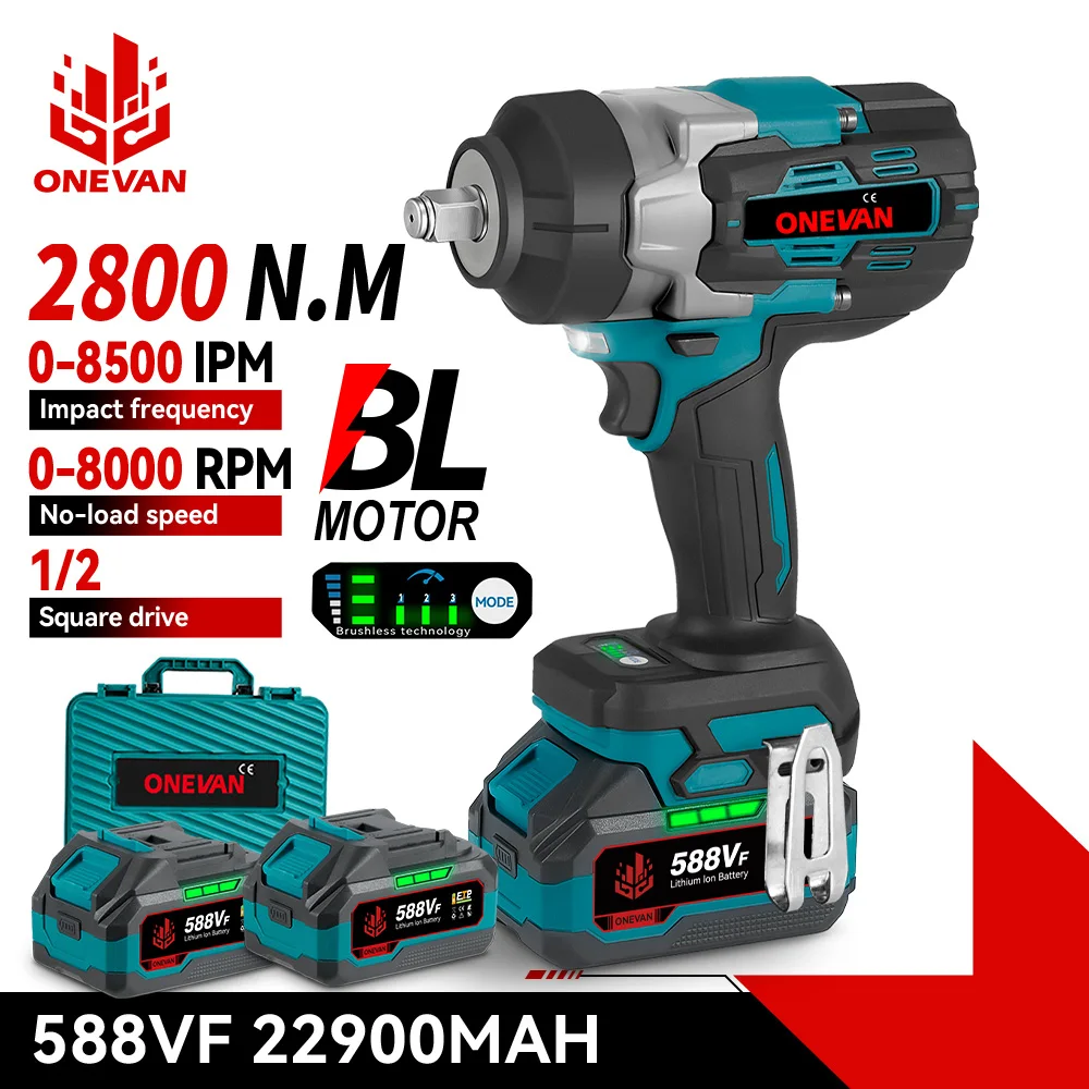 ONEVAN 2800N.M Brushless Electric Impact Wrench 2800W 1/2 Inch Cordless Wrench Screwdriver Power Tool For Makita 18V Battery Pin