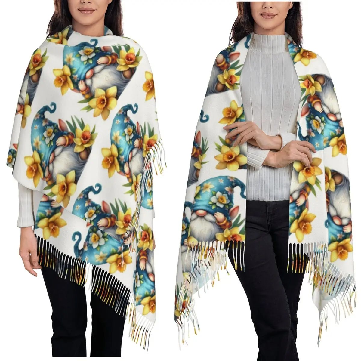 

Шарф с подсолнухом и гномами, шарфы с кисточками для женщин, мягкие теплые шали и накидки, длинная осенне-зимняя шаль