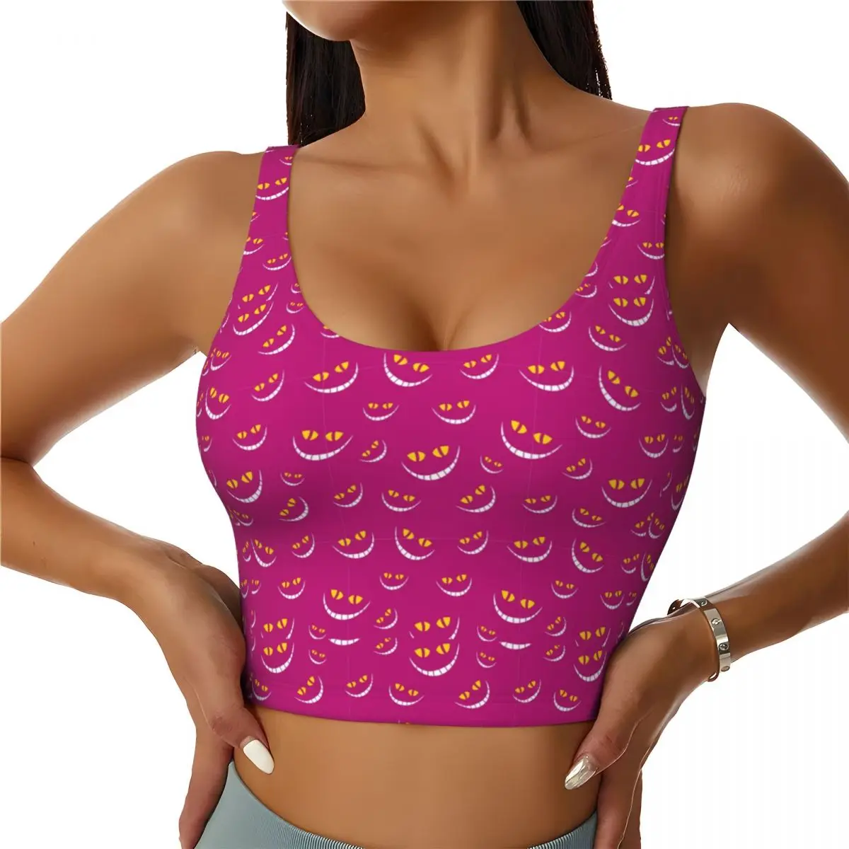 

Custom High Impact Cheshire Cat Grin Pattern Sports Bra for Women Gym Workout Yoga Crop Top