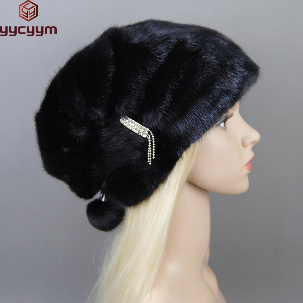 

2025 Fashion Hot Whole Genuine Mink Fur Hats Female Winter With Mink Fur Pompons Elegant Luxury High Quality Ladies Beanie Hat