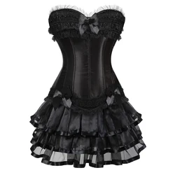 Gothic Corset Tutu Skirt Set Sexy Satin Lace Trim Overbust Corselet Top Women Burlesque Lingerie Bustier Victorian Party Costume