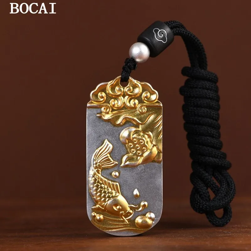 BOCAI S999 Pure Silver Gold Stroke Ruyi Auspicious Clouds Lotus Flower Koi Fish No Event Card Woven Rope And Chain Pendant