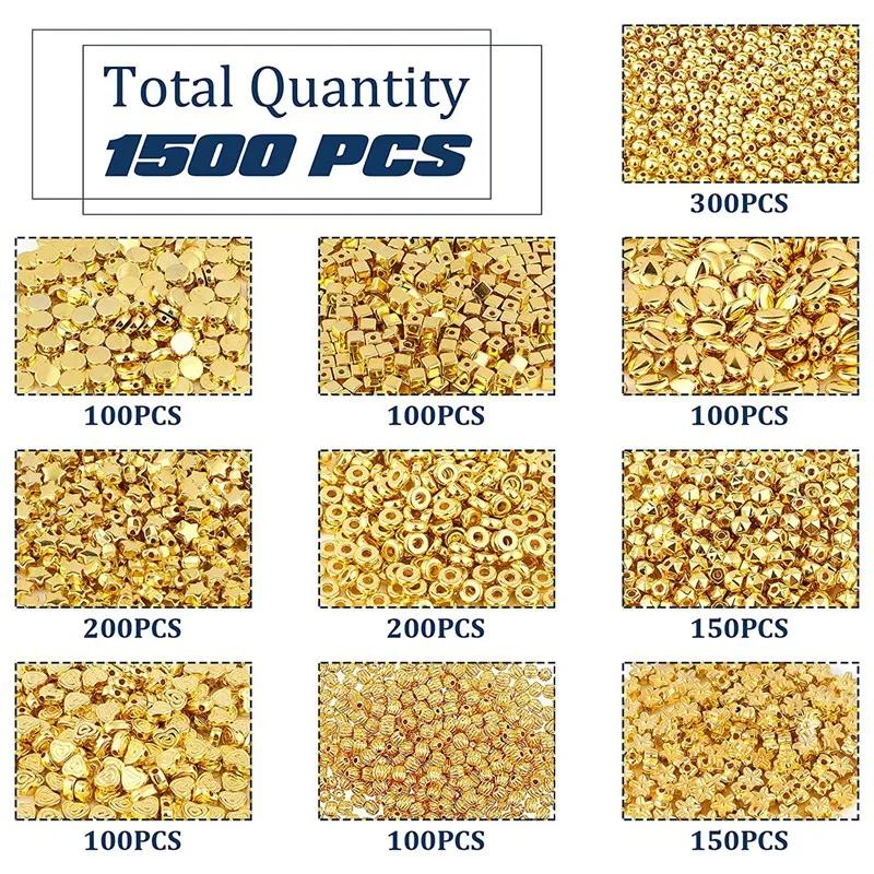 1500Pcs 10 Styles Gold Spacer Beads Assorted Jewelry Making Loose Beads for DIY Bracelet Necklace Earring-AT35
