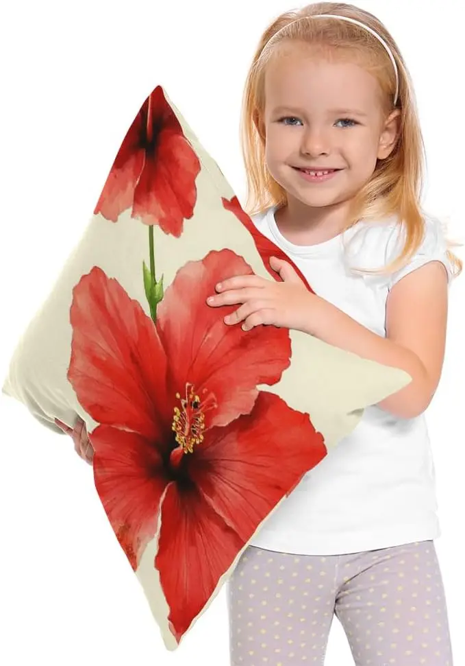 Hibiscus Flower Tropical Plant Double Sided Throw Pillow Cover Watercolor Nature Summer Red Decorative Case for Home and Car