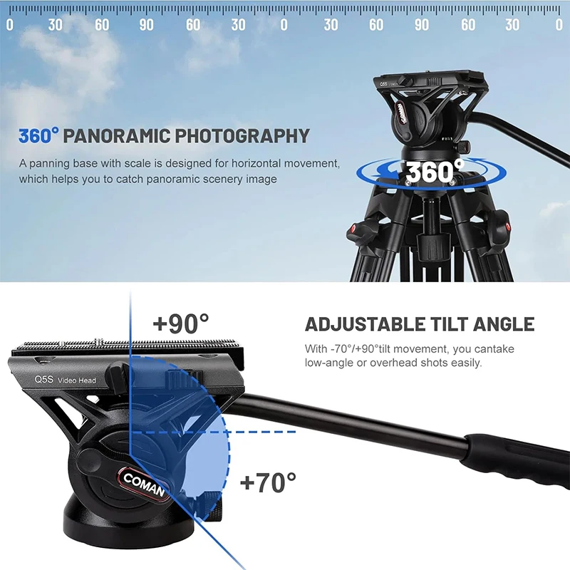 COMAN KX3636 Professional Heavy Duty Camera Tripods With Quick Release Plate And 360° Fluid Head Video Tripod For DSLR Camcorder