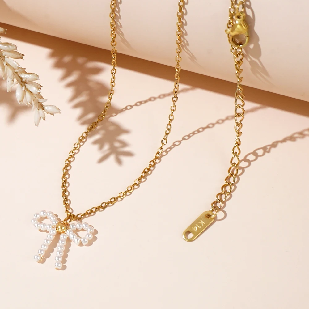 1PC Bohemian Luxury Creative Design O-shaped Chain 2mm Imitation Pearl Bow Women's Pendant Necklace