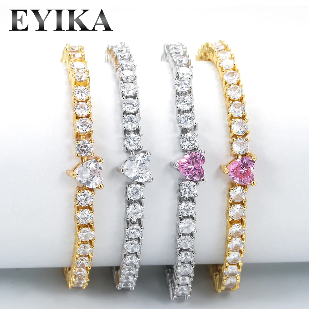 EYIKA Exquisite Pink Heart Charm Tennis Chain Bracelet for Female AAA Cubic Zirconia Crystal Bracelet Party Jewelry Accessories