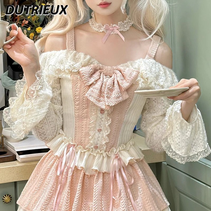 Spring Autumn Women's Two Piece Sets Lolita Style Long Sleeve Top and Skirt Set Sweet Cute Hot Girl Princess Elegant Outfit