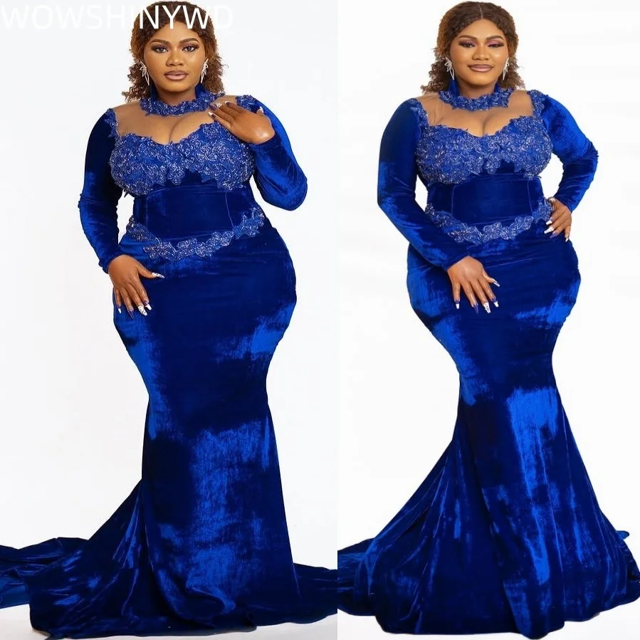 Customized 2025 Royal Blue Mermaid Prom Dresses Lace Velvet Full Sleeves Evening Formal Party Birthday Gowns Dresses ZJ174