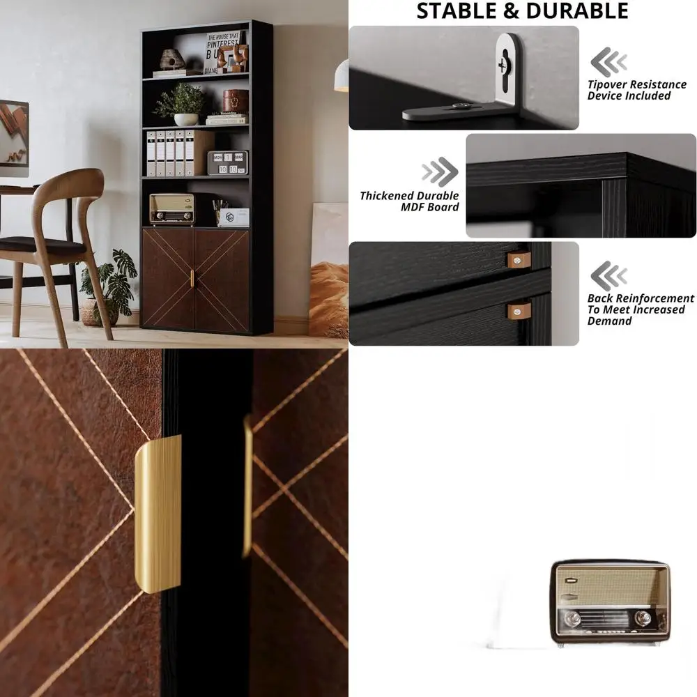 رف كتب وخزانة كتب بأبواب جلدية، رف كتب بطول 70 بوصة، علبة عرض مكونة من 6 طبقات على الأرض للمكتب المنزلي وغرفة المعيشة، #1