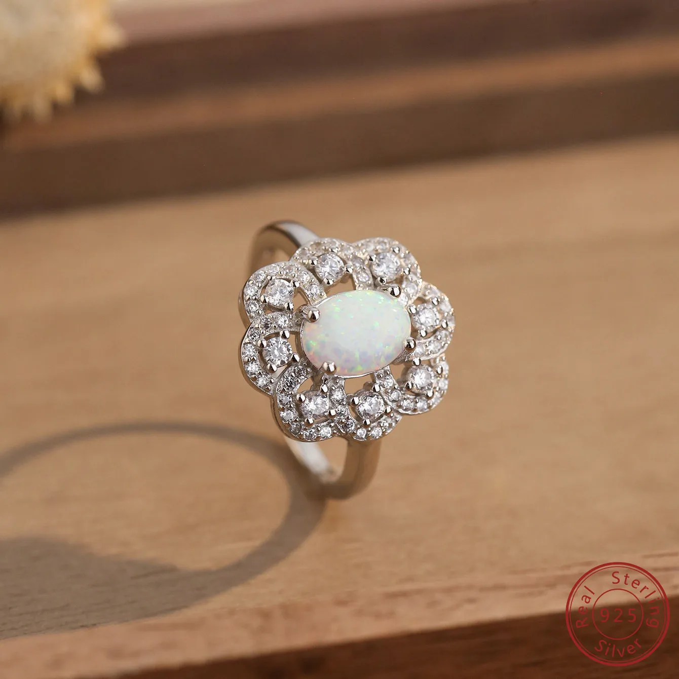 

2025 New Hot Selling 100% 925 Sterling Silver Ring Sparkling White Opal and Unique Design Romantic Sweet Wedding Engagement Ring