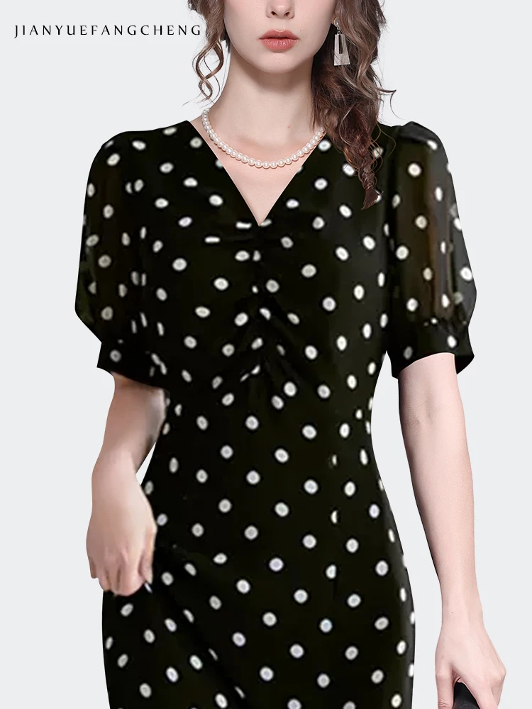 2024 Summer Elegant French Style Polka Dot Chiffon Dress Women\'s Mid-length Bodycon over the knee Black long Dresses