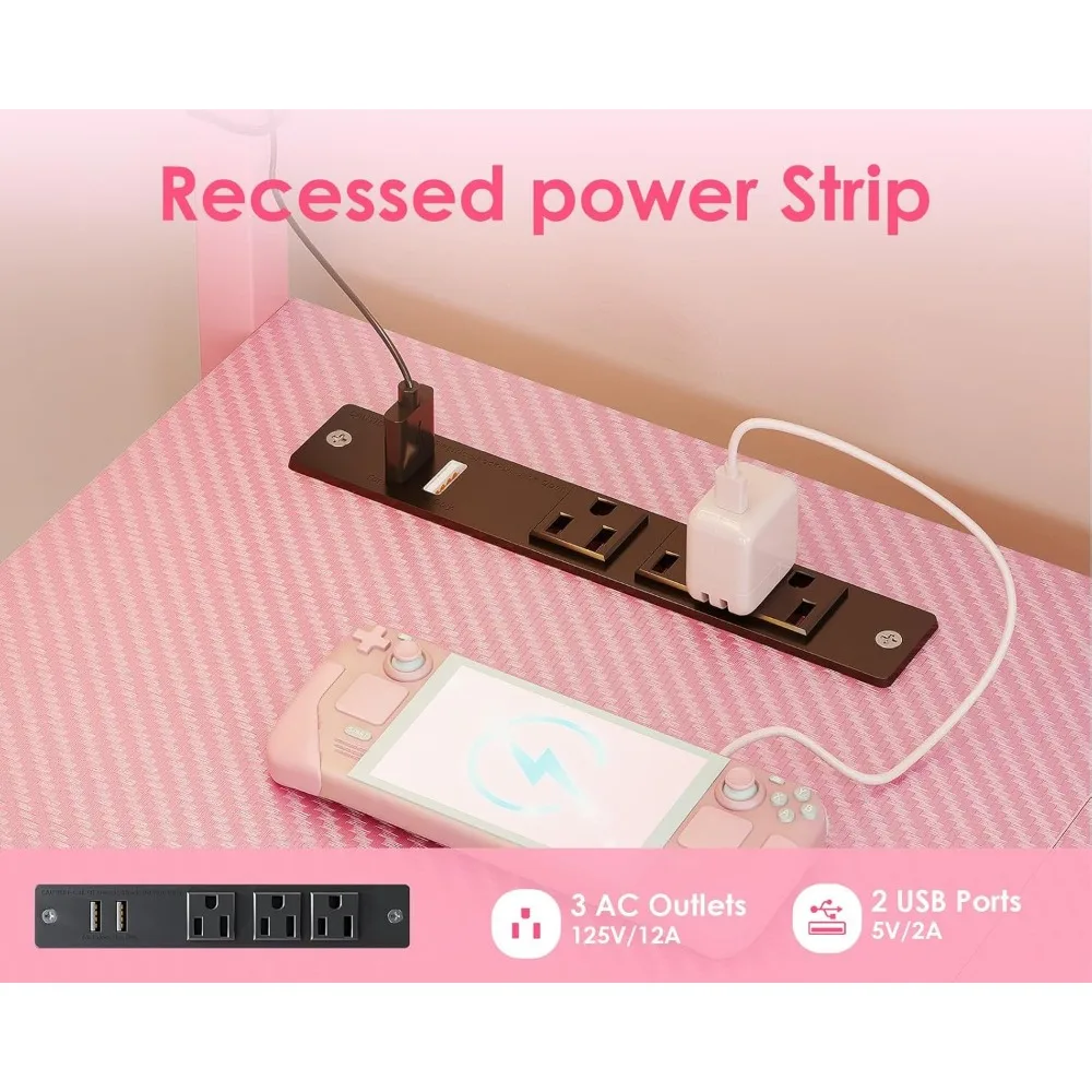 L Shaped Gaming Desk with Drawers & LED Light & Power Outlet, 43" Reversible Computer Table with Shelves & Hooks for Home Offic