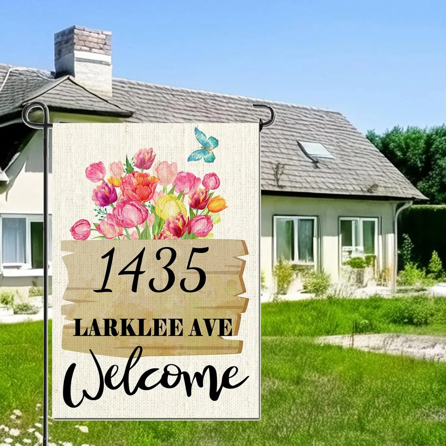 Flower Welcome Garden Flag, Custom Yard Flags with Home Address for Porch Home Outdoor Patio Lawn Decor, House Flag Double-S AAS