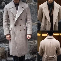 Classic Woolen Herringbone Overcoat Men's Tweed Thick Trench Coat Plus Size Double Breasted Casual Winter Fashion Warm Jacket
