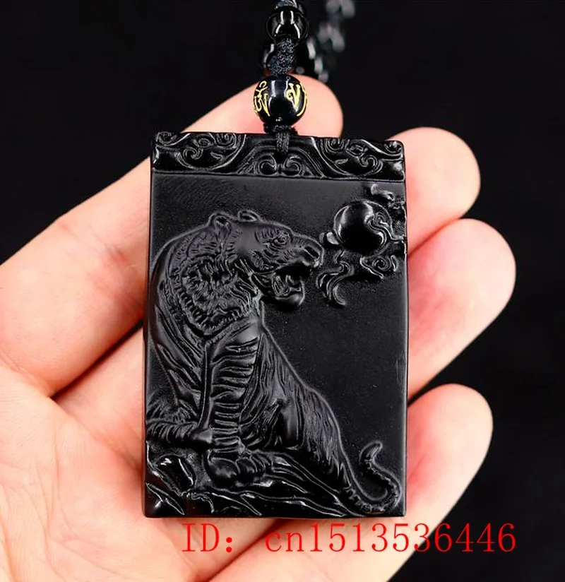 Natural Black Obsidian Tiger Pendant Chinese zodiac Necklace Fashion Charm Jewellery Carved Pixiu Amulet Gifts for Women Men