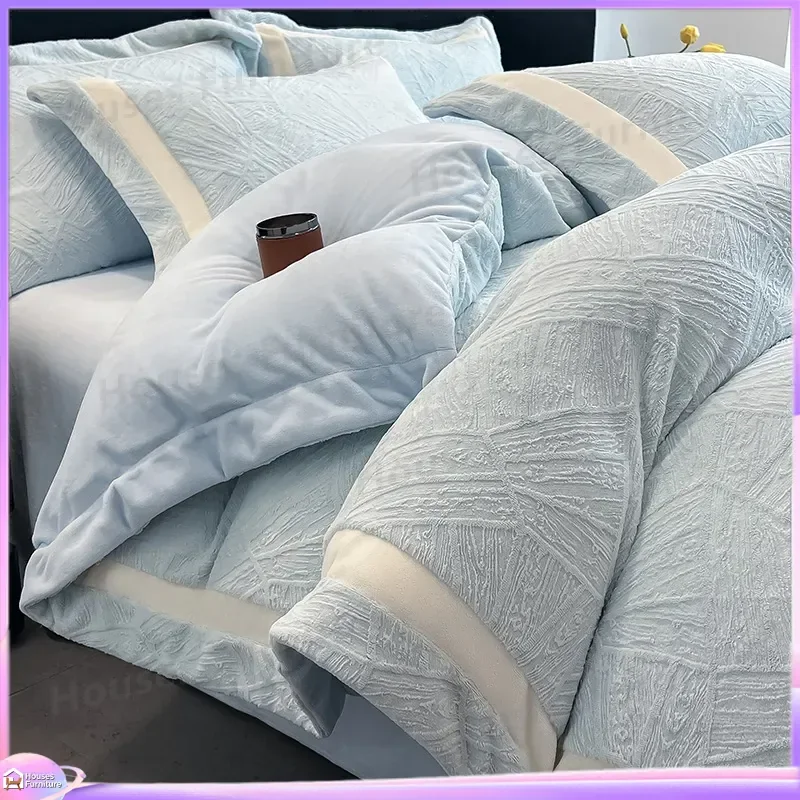 Thickened milk fleece four-piece set Class A baby grade thickened warm coral fleece flannel carved fleece winter bedding 4