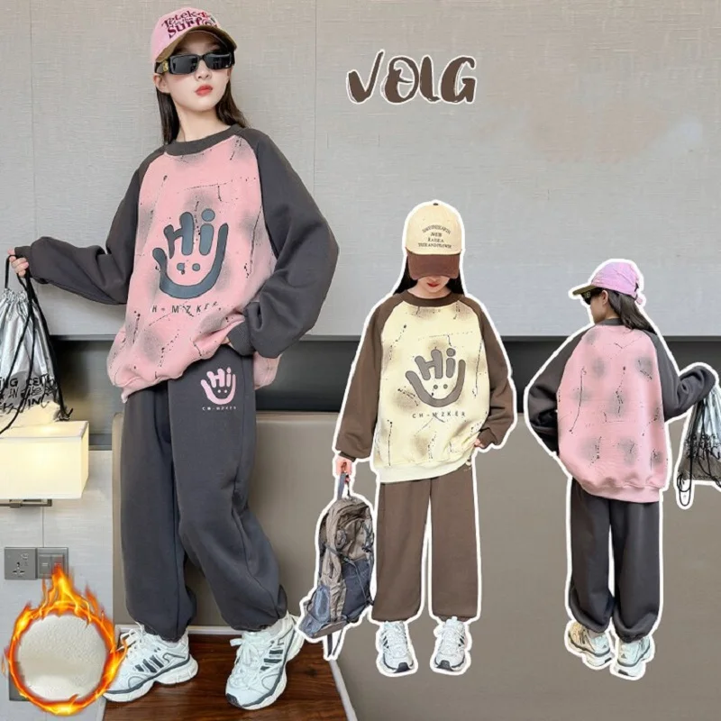 Winter Girls Warm Fleece Lined Printed Workout Sweatshirt+Sweatpant Set School Kids 2PCS Tracksuit Children Jogger Outfit 5-16Yr