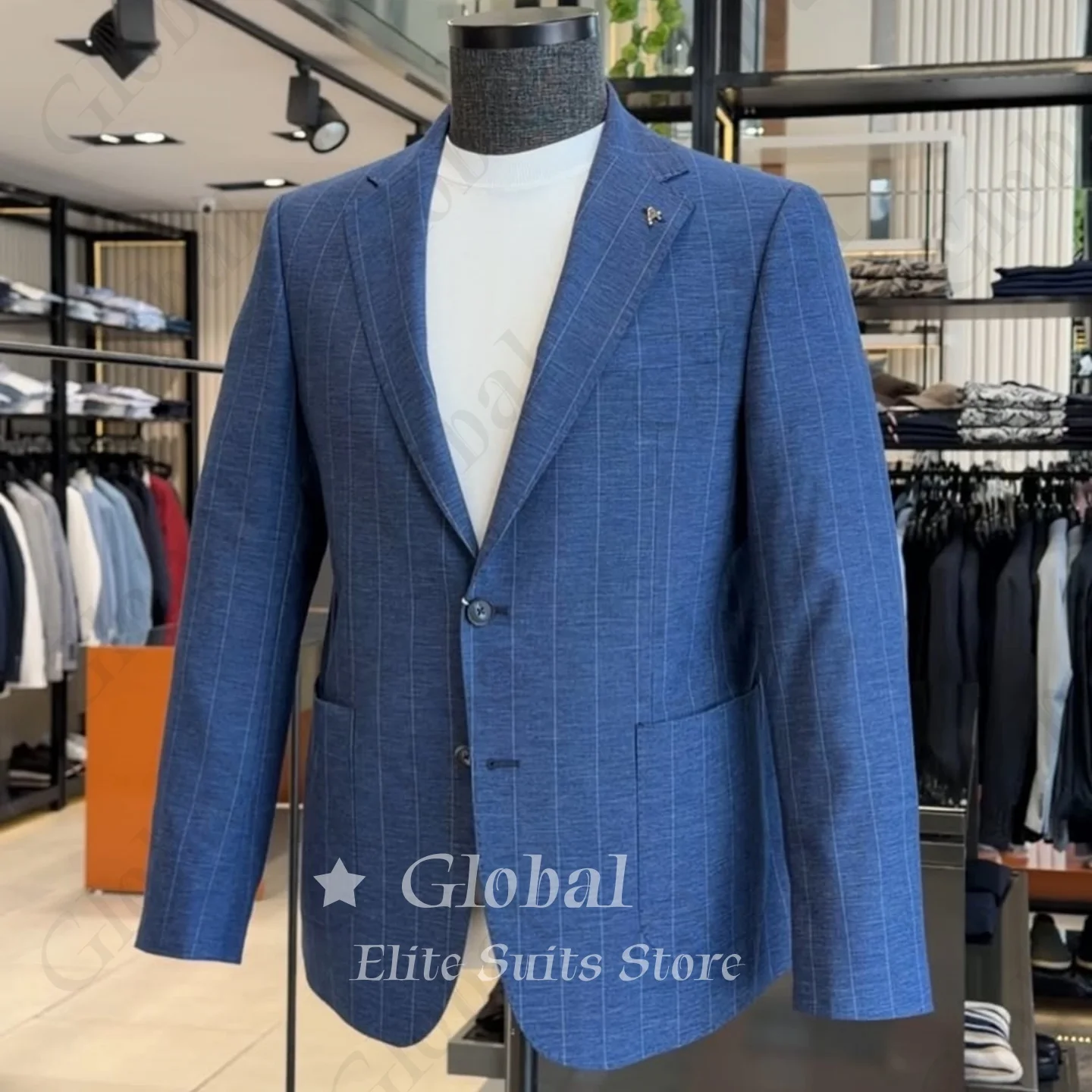 Blue Pinstripe Blazer Jacket Slim Fit Notch Lapel Single Breasted Casual Business Coat Meeting Cocktail Daily Wear Customized