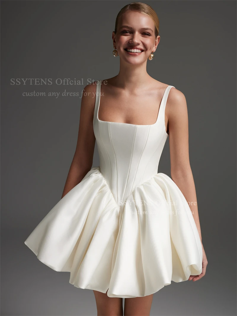 SSYTENS Satin Puffy Prom Gowns A Line Square Collar Dresses For Wedding Guests Pink Pleated Short Homecoming Dresses Customized