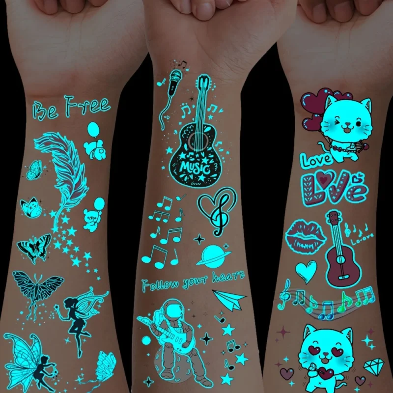 12 Pieces of Blue Glow Music Tattoo Stickers - Glow Guitar, Notes, Butterflies, Fairies, Feathers, Hearts - Perfect