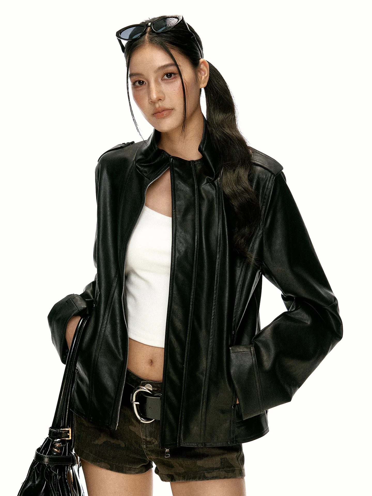 Black Retro Biker Style Women's Jacket Slim Fit Collar Double Button PU Leather Short Coat Casual Fashion Autumn Design