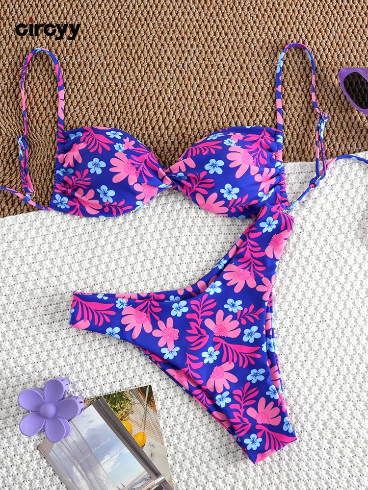 Circyy Printed Swimsuit Women Holiday Fashion Backless Bikini Set Two-piece Vintage Beachwear Summer New Chic Sexy Bathing Suit