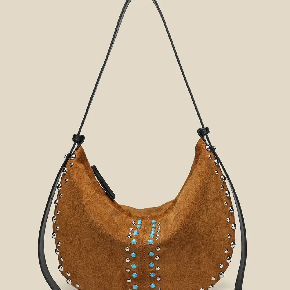 

2025 Autumn and Winter New Suede Rivet Pearl Underarm Bag Women Luxury Designer Handbag Wallet Crescent Casual Shoulder Bag