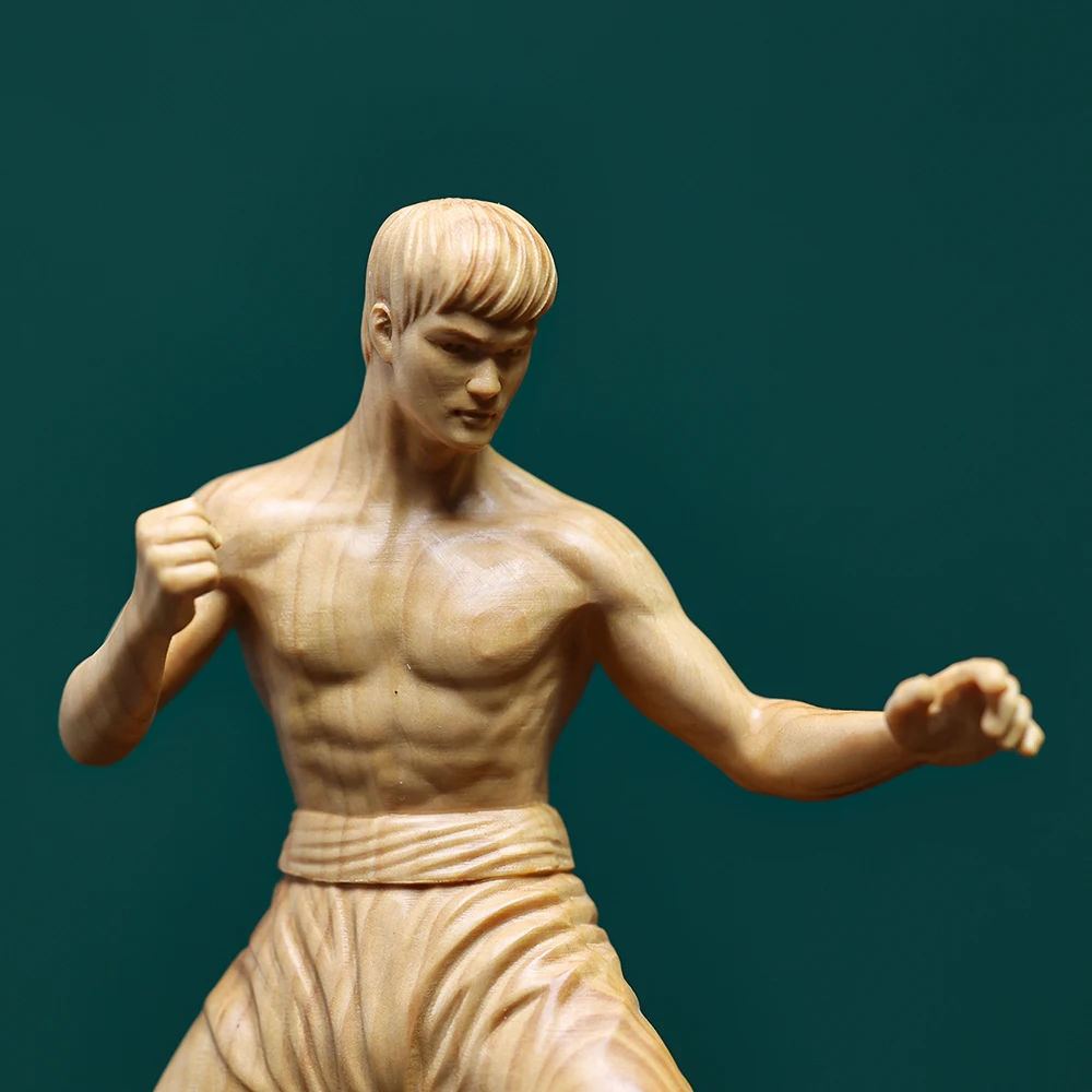 Boxwood Carved Bruce Lee Statue - Martial Arts Legend Figurine, Home & Car Decor