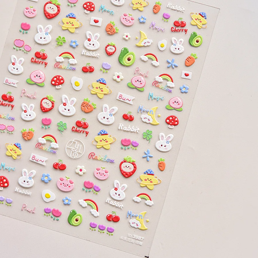 かわいいウサギの子犬チェリーイチゴニンジンキノコチューリップの花ラブハートレインボースター 5D ネイルアートステッカーマニキュアデカール