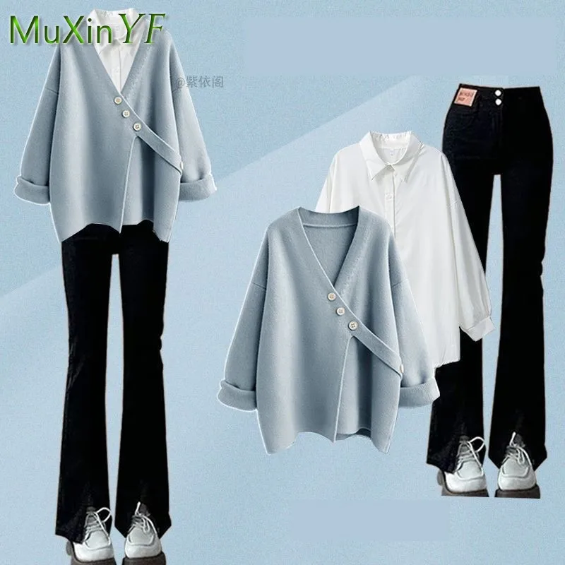 Women Autumn Winter New Chic Knitted Sweater+white Shirt+micro Flared Jeans 3-Piece Seuit Korean Loose Cardigan Denim Pants Set