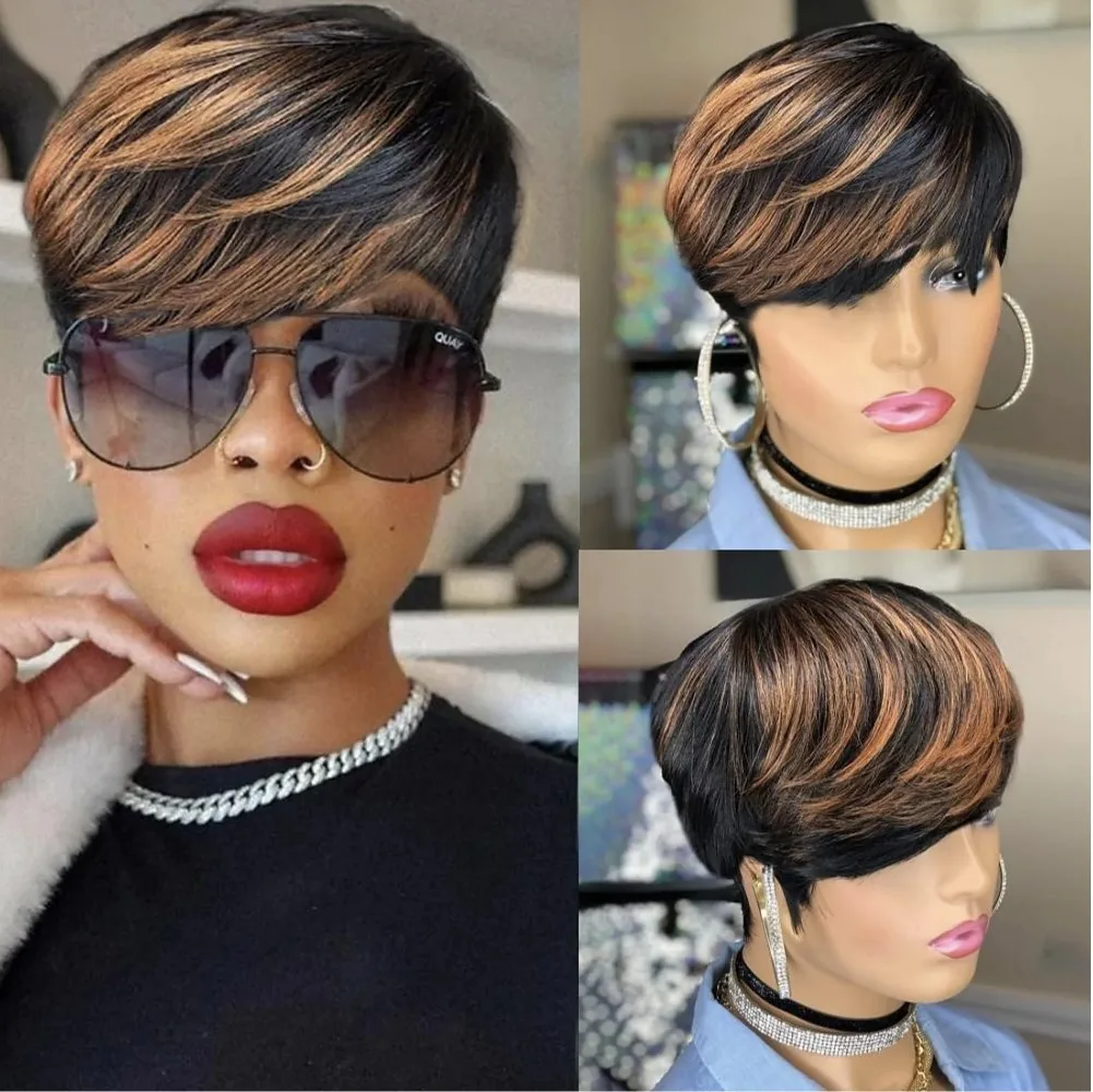 

Накладные пряди из натуральных волос, прямые, омбре, черно-коричневые 1B/30 # Разноцветные короткие прямые парики-пикси машинной работы с челкой