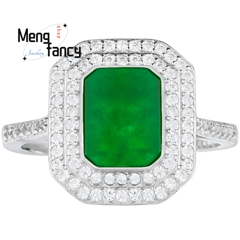 The Natural Burmese A-Grade Jadeite Ring, Ice Type Jade, Fashionable S925 Silver-Set Ring For Women, Adjustable Fashion Jewelry
