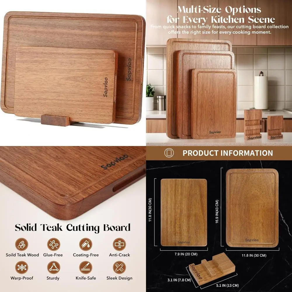 

Solid Teak Wood Cutting Board Set - One-Piece Durable Design, Knife-Friendly with Deep Juice Grooves for Efficient Food Preparat