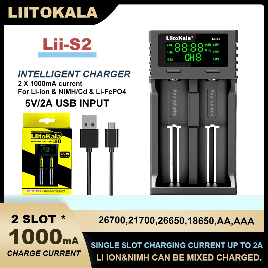 

Liitokala Lii-S2 LCD Lithium-Battery Charger 3.7V 18650 18350 18500 16340 21700 20700B 20700 14500 26650 1.2V AA AAA NiMH