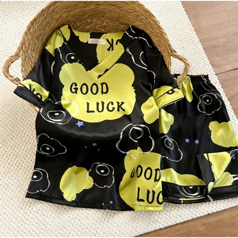 

Summer New Good Luck Print Pajamas Set Casual Korean Soft Fashion Pajamas V-neck Pajamas Women's Short Sleeve Thin Set 2 Piece