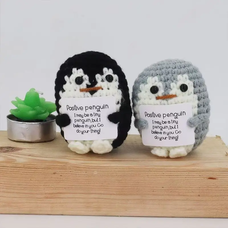 1/6pcs Positive Energy Penguin Hug Pocket Handmade Plush Wool Knitting Doll with Card Ornament Toys Party Favors Home Room Gift