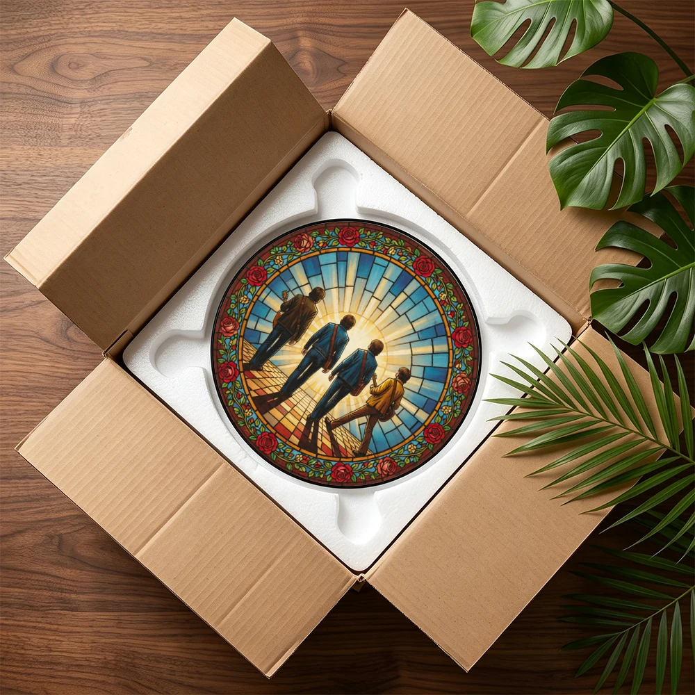 Stained Glass Suncatcher Round Tropical Sunset Beach Palm Tree Hibiscus Flower Window Hanging Decor Home Garden Gift