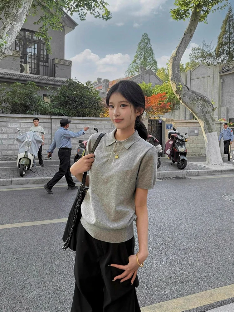 

Grey Retro Knitted Polo Shirts Summer Slim Fit Tops Fashion Casual Women's Short Sleeve T-shirt