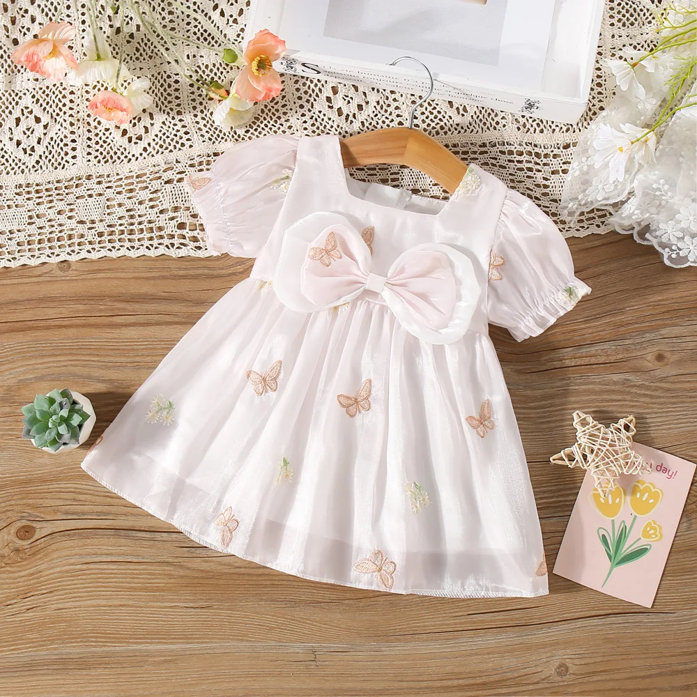 

Girls Wedding Party Costume Butterfly Flower Embroidery Bow Mesh Princess Dress Summer Baby Girl Pink Dress