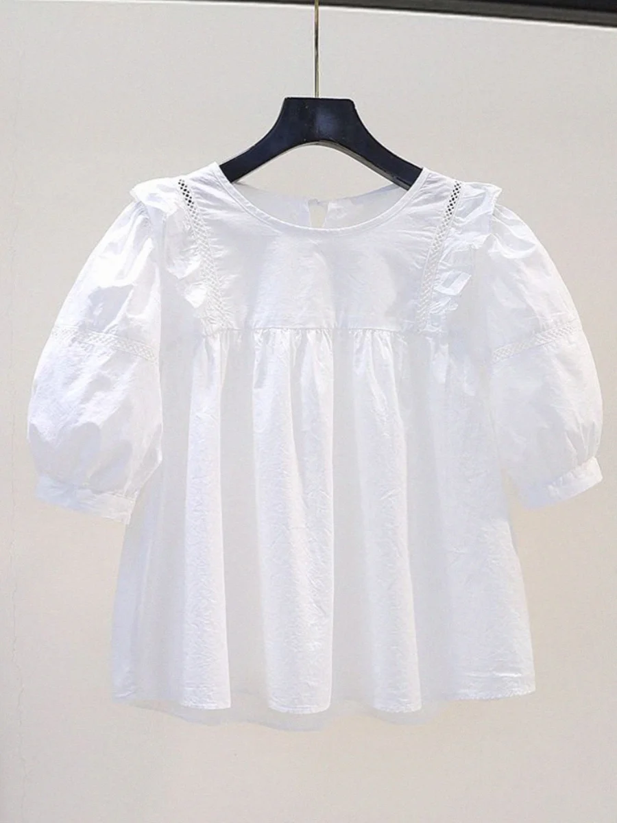

Летний повседневный топ без этикетки из белого хлопка свободного кроя с кружевной отделкой в корейском стиле для женщин