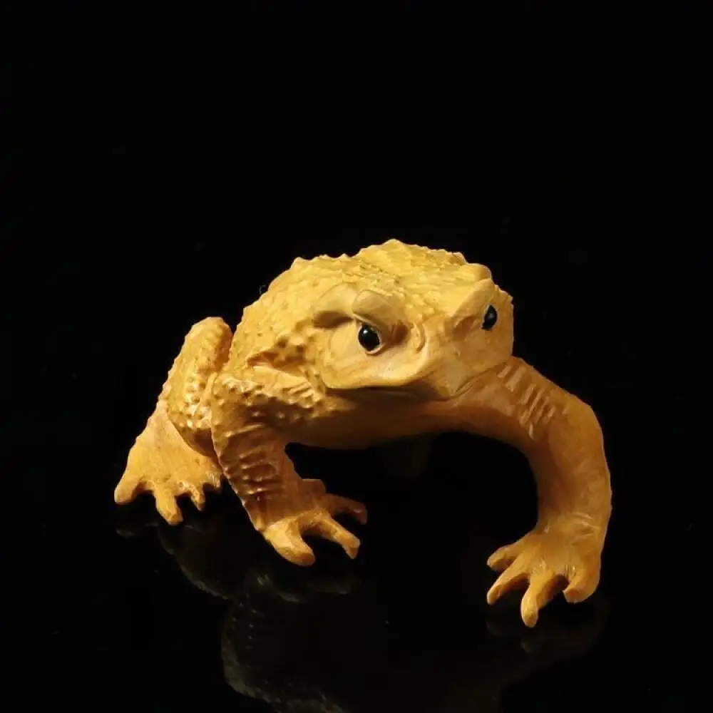 Chinese Natural Boxwood Hand Carved Toad Figurine Golden Jin Chan Frog Statue Desktop Netsuke Collectible Ornament